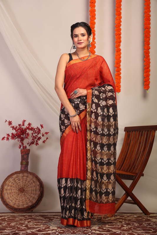 Bhagalpuri Cotton Silk Red & Black Hand Block Ethnic Saree With Blouse