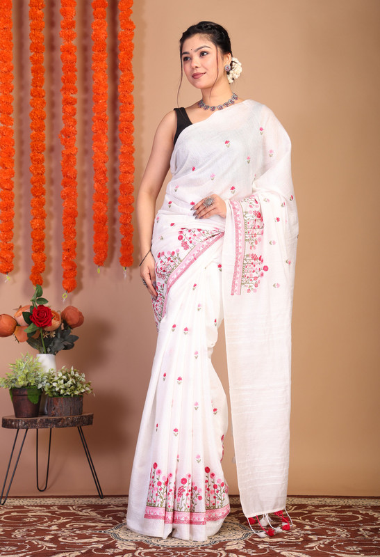 Bhagalpuri Cotton Viscose White Embroidered Ethnic Saree With Blouse