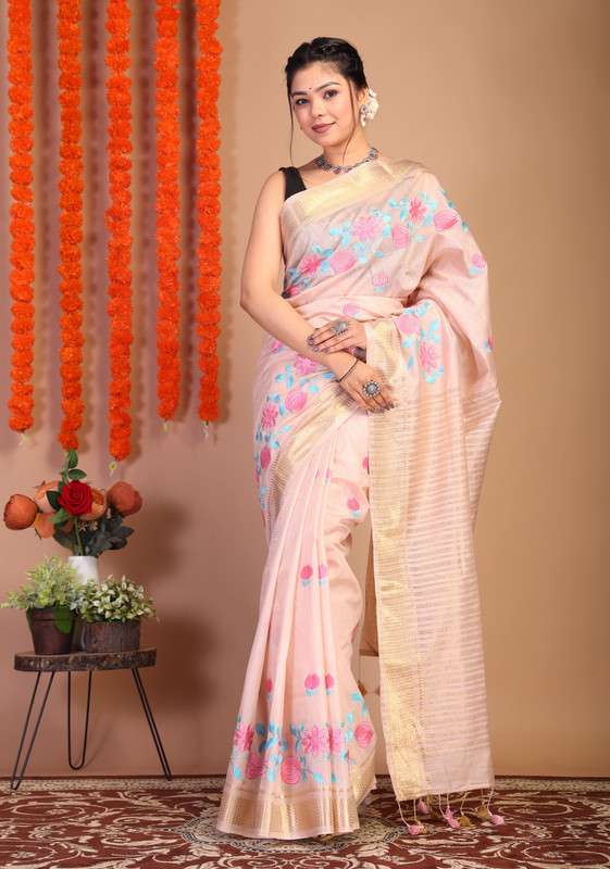 Bhagalpuri Cotton Viscose Peach Embroidered Ethnic Saree With Blouse