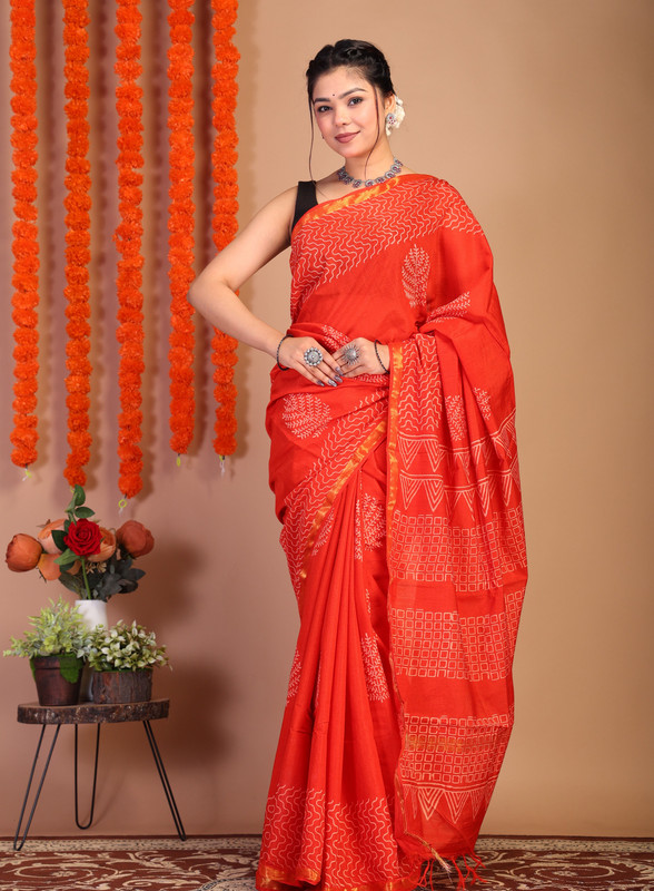 Bhagalpuri Cotton Viscose Red Hand Block Ethnic Saree With Blouse
