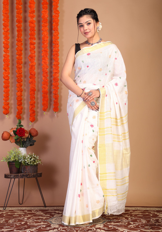 Bhagalpuri Cotton Viscose White Embroidered Ethnic Saree With Blouse