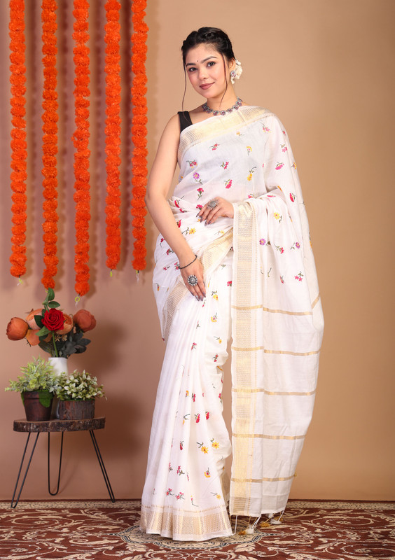 Bhagalpuri Cotton Viscose White Embroidered Ethnic Saree With Blouse