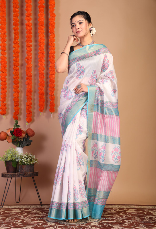 Bhagalpuri Cotton Viscose Multicolor Hand Block Ethnic Saree With Blouse