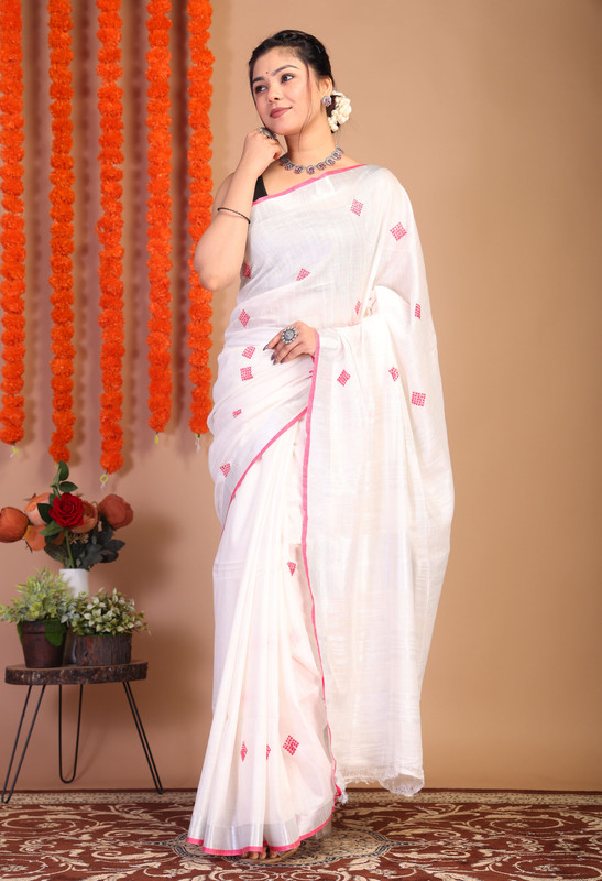 Bhagalpuri Cotton Linen White Embroidered Ethnic Saree With Blouse