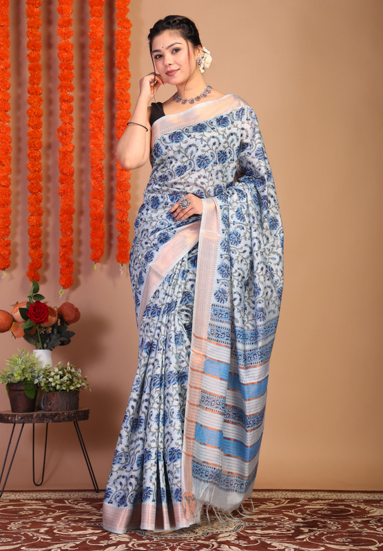 Bhagalpuri Cotton Viscose Teal Hand Block Ethnic Saree With Blouse