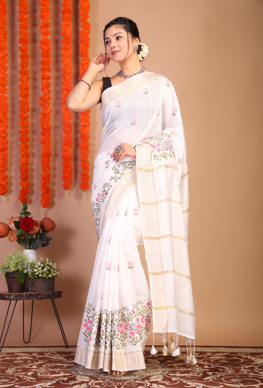 Bhagalpuri Cotton Viscose White Embroidered Ethnic Saree With Blouse