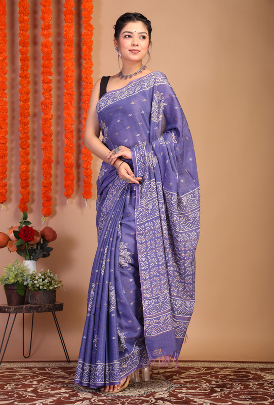 Bhagalpuri Cotton Viscose Blue Hand Block Ethnic Saree With Blouse