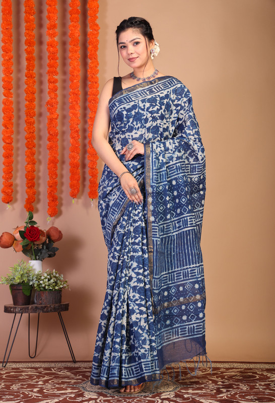 Bhagalpuri Cotton Viscose Blue Hand Block Ethnic Saree With Blouse