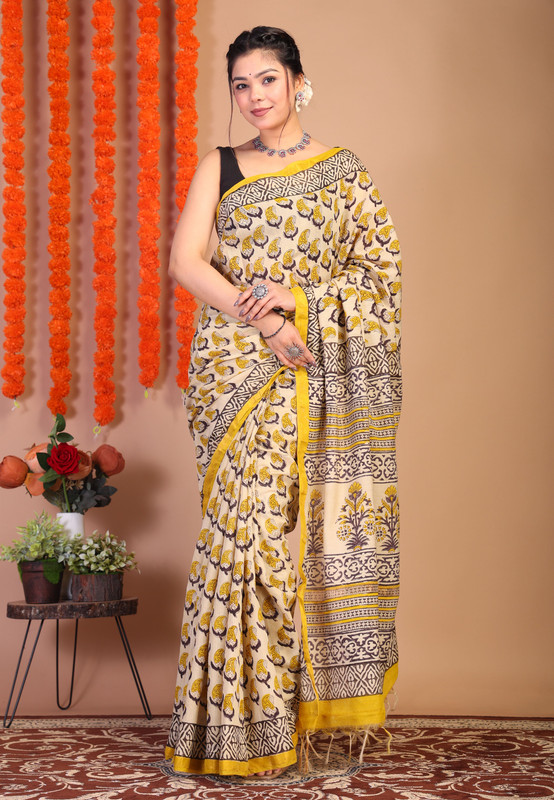 Bhagalpuri Cotton Viscose Beige Hand Block Ethnic Saree With Blouse