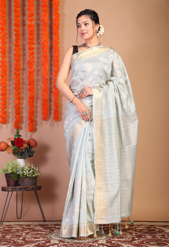 Bhagalpuri Cotton Viscose Pista Green Embroidered Ethnic Saree With Blouse