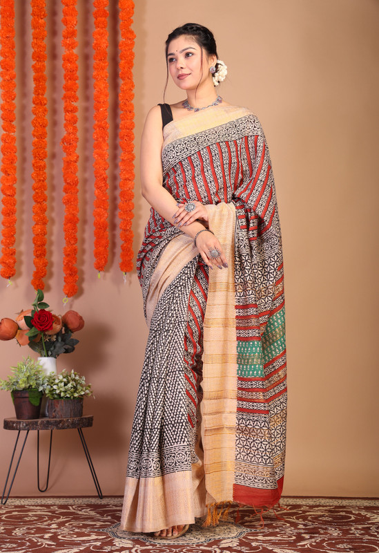 Bhagalpuri Cotton Viscose Red Hand Block Ethnic Saree With Blouse