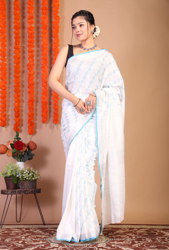 Bhagalpuri Cotton Linen White Embroidered Ethnic Saree With Blouse