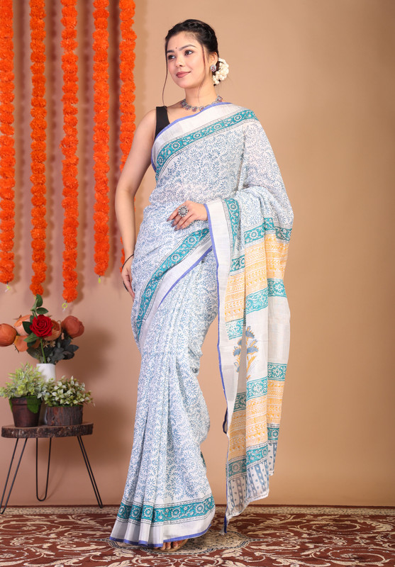 Bhagalpuri Cotton Linen White Hand Block Ethnic Saree With Blouse
