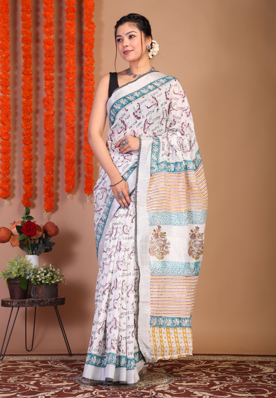 Bhagalpuri Cotton Linen White Hand Block Ethnic Saree With Blouse