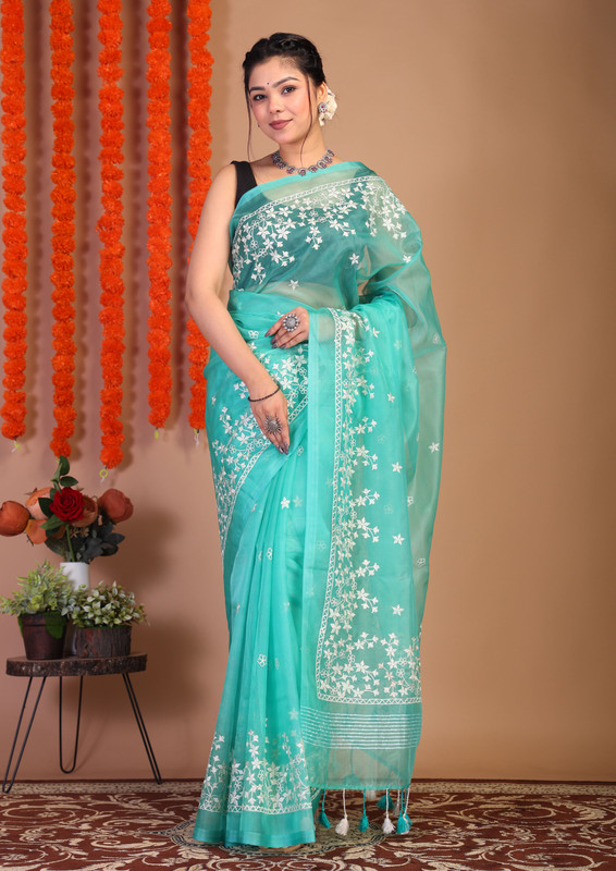 Bhagalpuri Organza Mint Green Embroidered Ethnic Saree With Blouse
