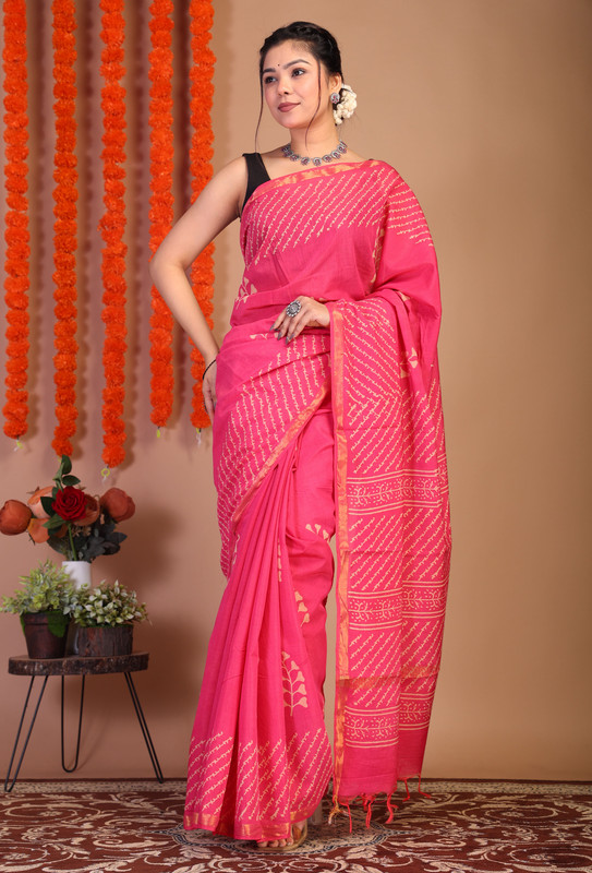 Bhagalpuri Cotton Viscose Pink Hand Block Ethnic Saree With Blouse