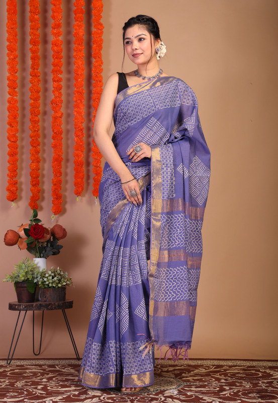 Bhagalpuri Cotton Viscose Blue Hand Block Ethnic Saree With Blouse