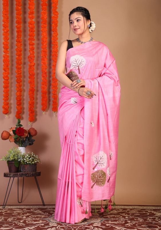 Bhagalpuri Cotton Linen Pink Embroidered Ethnic Saree With Blouse