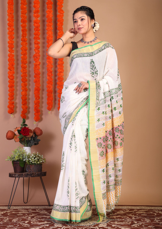 Bhagalpuri Cotton Linen White Hand Block Ethnic Saree With Blouse
