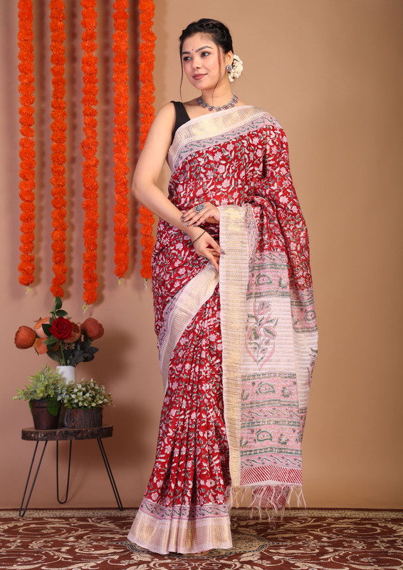 Bhagalpuri Cotton Viscose Red Hand Block Ethnic Saree With Blouse