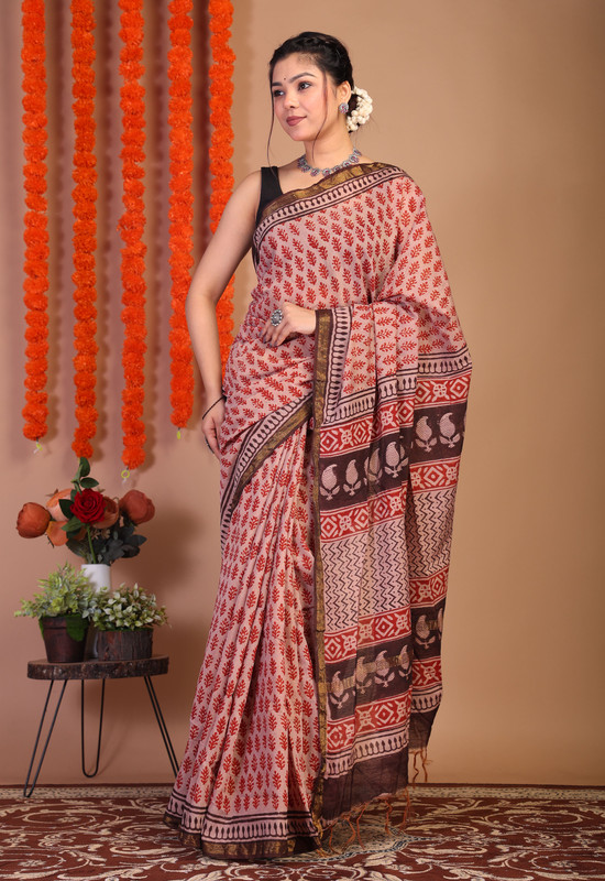 Bhagalpuri Cotton Viscose Salmon Pink Hand Block Ethnic Saree With Blouse