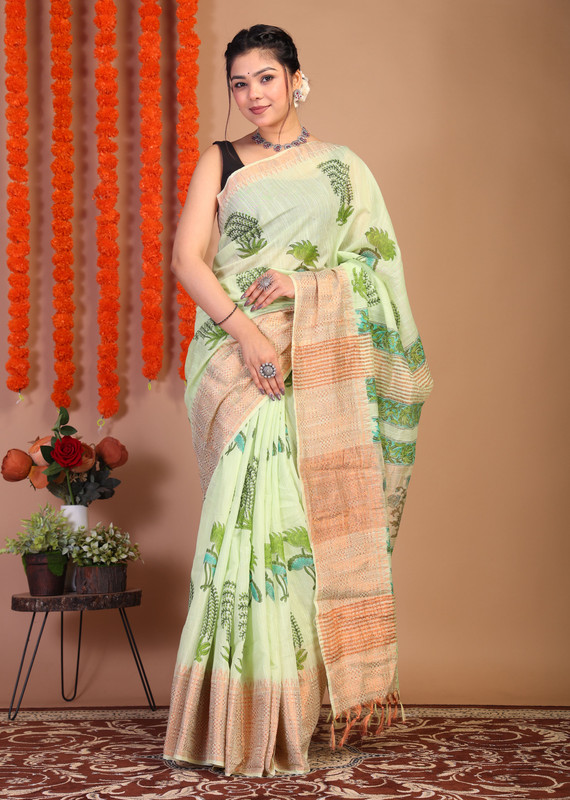 Bhagalpuri Cotton Viscose Pista Green Hand Block Ethnic Saree With Blouse