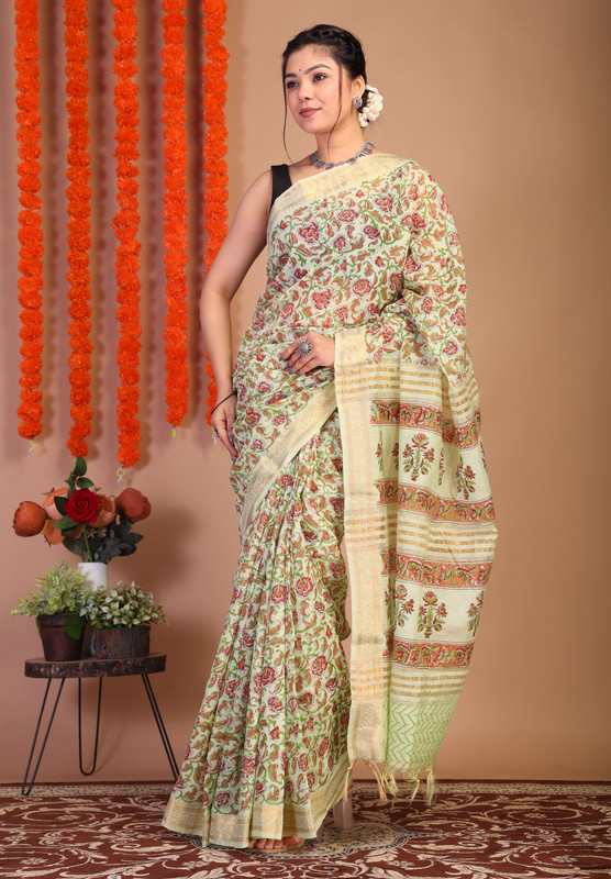 Bhagalpuri Cotton Viscose Lime Green Hand Block Ethnic Saree With Blouse