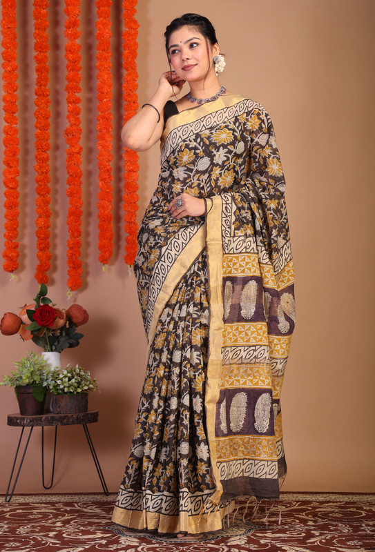 Bhagalpuri Cotton Viscose Brown Hand Block Ethnic Saree With Blouse