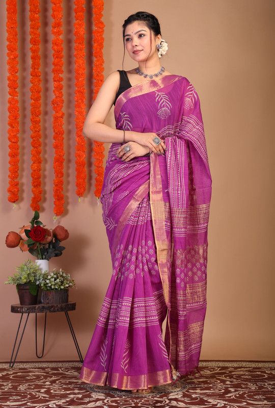 Bhagalpuri Cotton Viscose Lavender Hand Block Ethnic Saree With Blouse