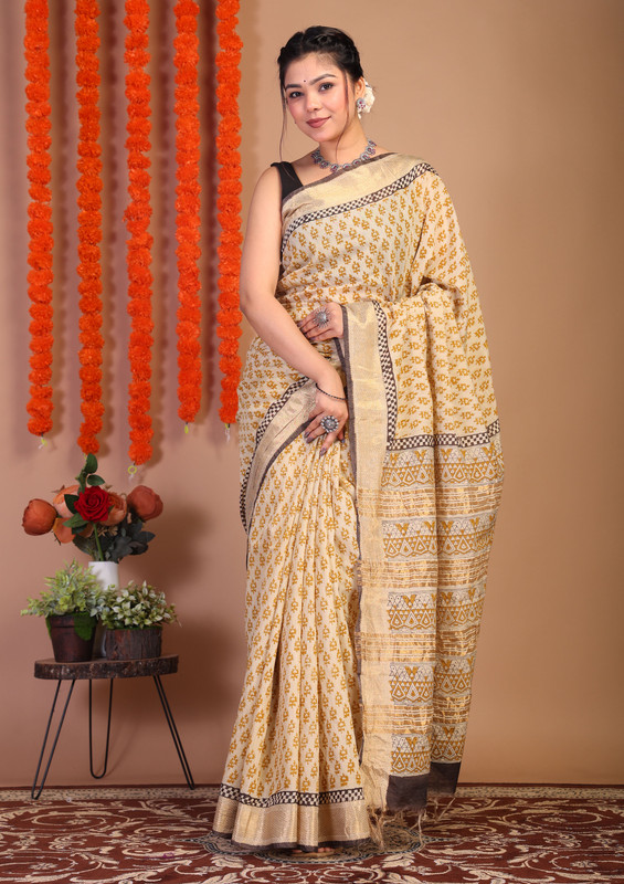Bhagalpuri Cotton Viscose Beige Hand Block Ethnic Saree With Blouse