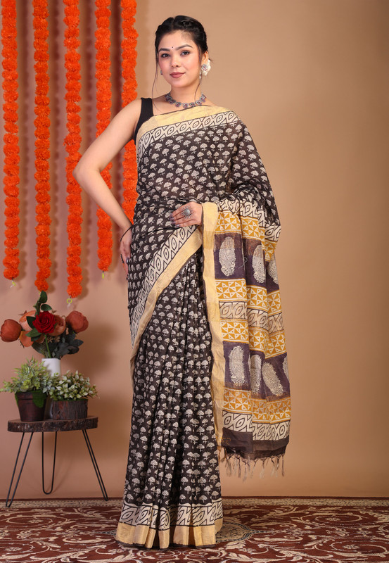 Bhagalpuri Cotton Viscose Brown Hand Block Ethnic Saree With Blouse