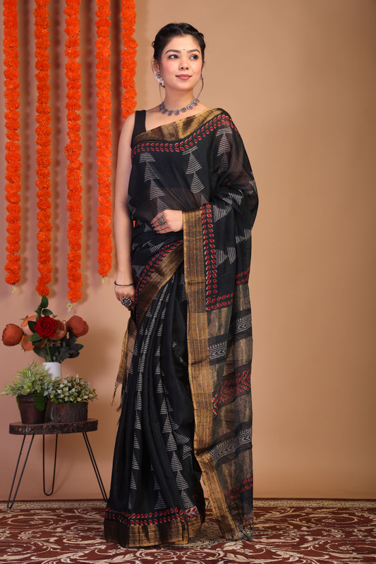 Bhagalpuri Cotton Viscose Black Hand Block Ethnic Saree With Blouse