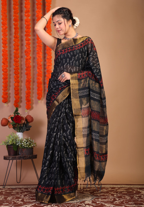 Bhagalpuri Cotton Viscose Black Hand Block Ethnic Saree With Blouse