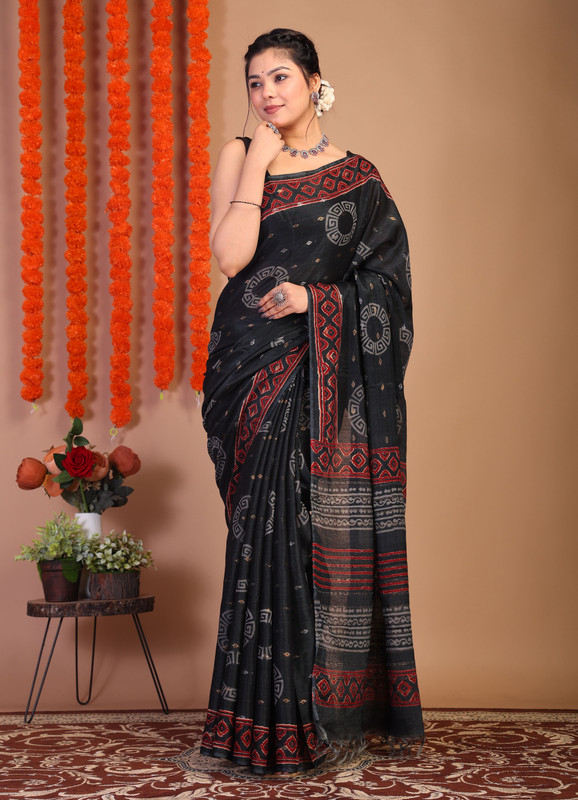 Bhagalpuri Cotton Viscose Black Hand Block Ethnic Saree With Blouse