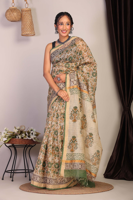 Bhagalpuri Kota Doria Beige Hand Block Ethnic Saree With Blouse