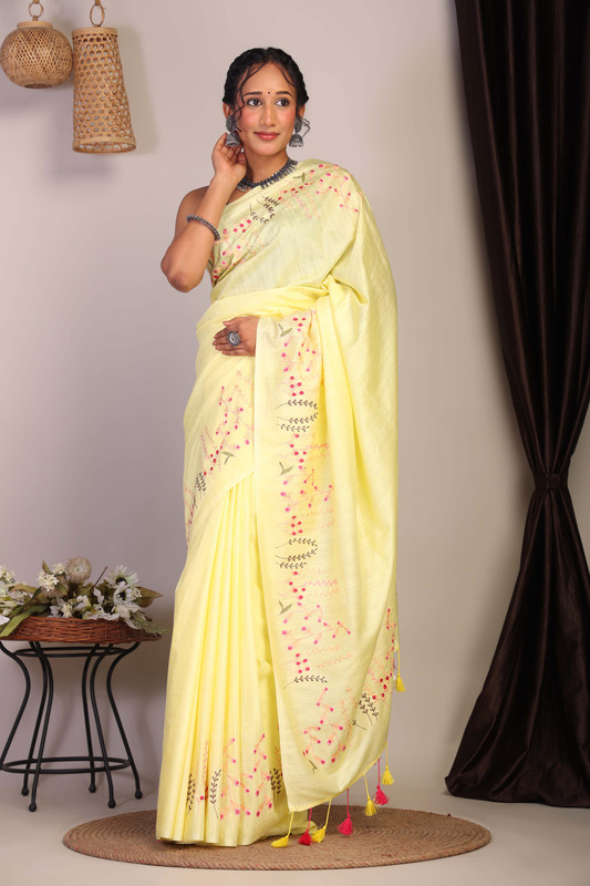 Bhagalpuri Cotton Linen Yellow Embroidered Ethnic Saree With Blouse
