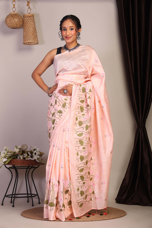 Bhagalpuri Cotton Linen Peach Embroidered Ethnic Saree With Blouse