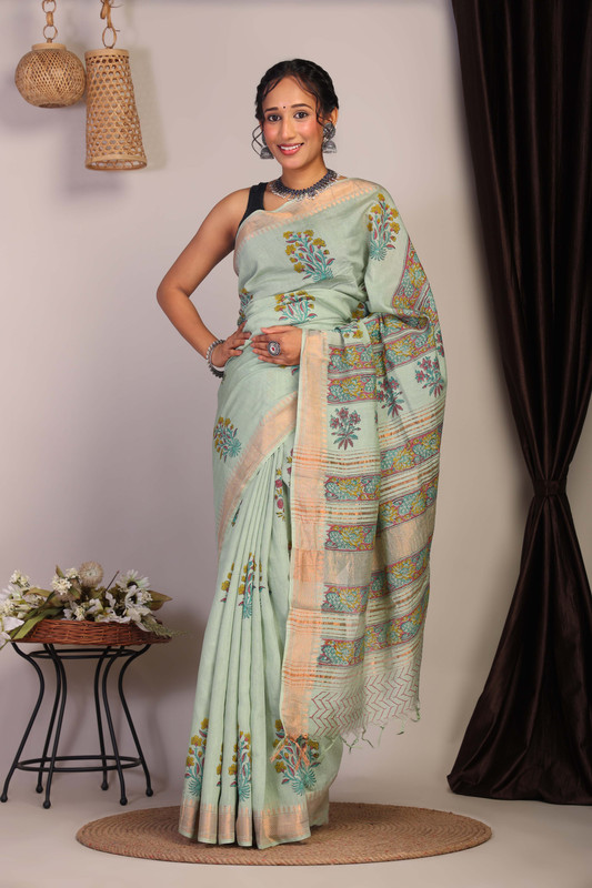 Bhagalpuri Cotton Viscose Green Hand Block Ethnic Saree With Blouse