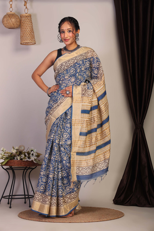 Bhagalpuri Cotton Viscose Blue Hand Block Ethnic Saree With Blouse