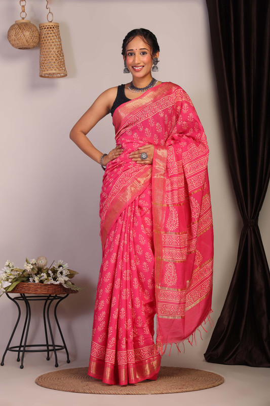 Bhagalpuri Cotton Viscose Pink Hand Block Ethnic Saree With Blouse