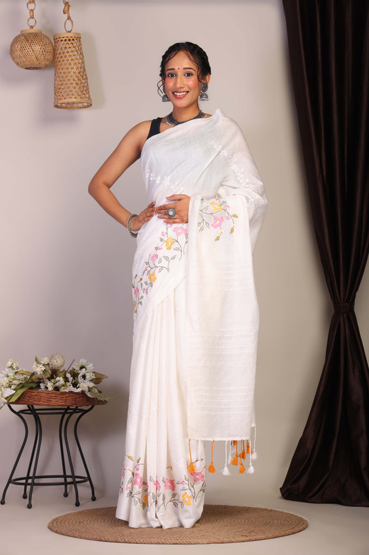 Bhagalpuri Cotton Viscose White Embroidered Ethnic Saree With Blouse