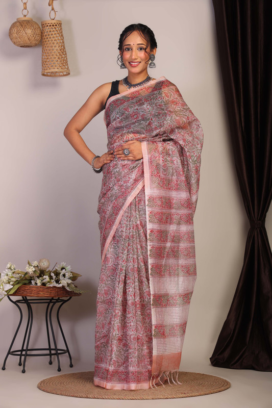 Bhagalpuri Organza Pink Hand Block Ethnic Saree With Blouse