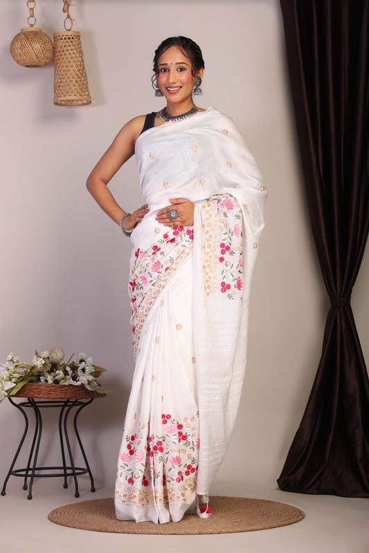 Bhagalpuri Cotton Viscose White Embroidered Ethnic Saree With Blouse