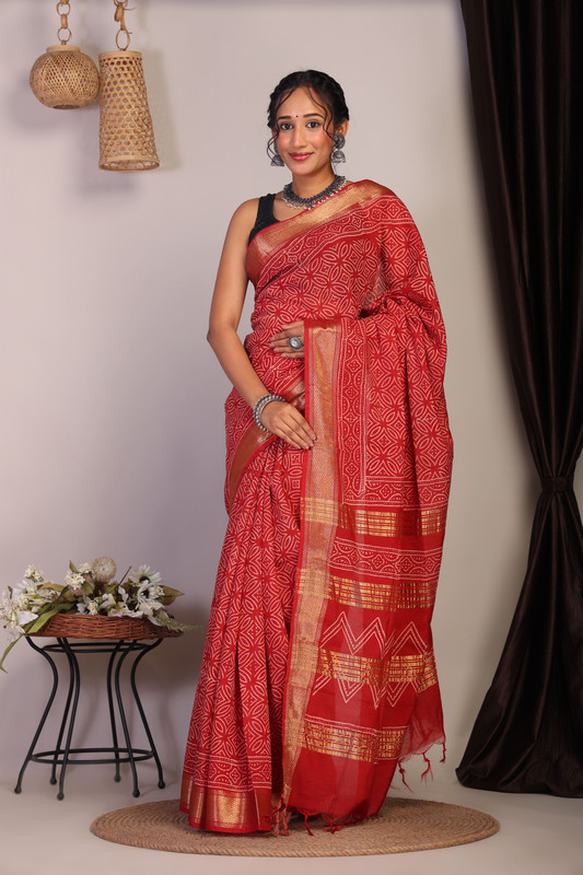 Bhagalpuri Cotton Viscose Maroon Hand Block Ethnic Saree With Blouse