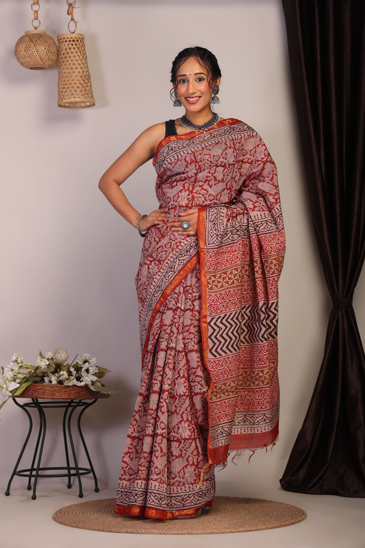 Bhagalpuri Cotton Viscose Salmon Pink Hand Block Ethnic Saree With Blouse