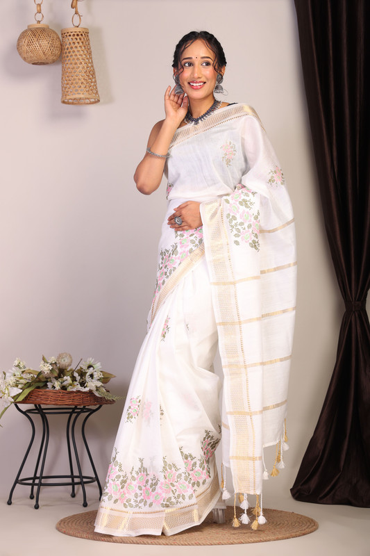 Bhagalpuri Cotton Viscose White Embroidered Ethnic Saree With Blouse