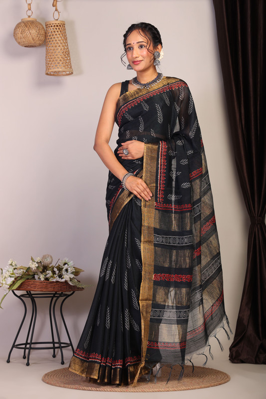Bhagalpuri Cotton Viscose Black Hand Block Ethnic Saree With Blouse