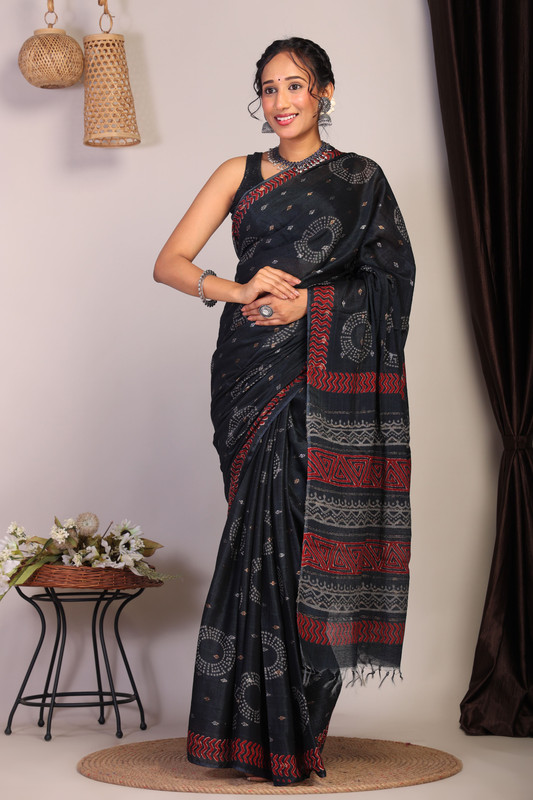 Bhagalpuri Cotton Viscose Black Hand Block Ethnic Saree With Blouse