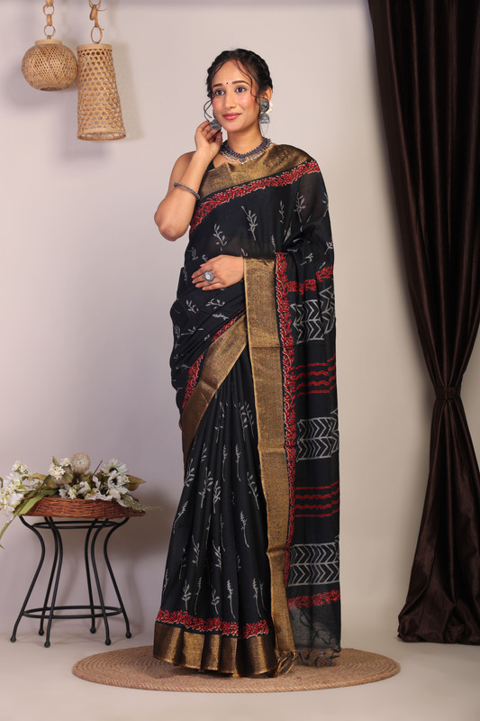 Bhagalpuri Cotton Viscose Black Hand Block Ethnic Saree With Blouse