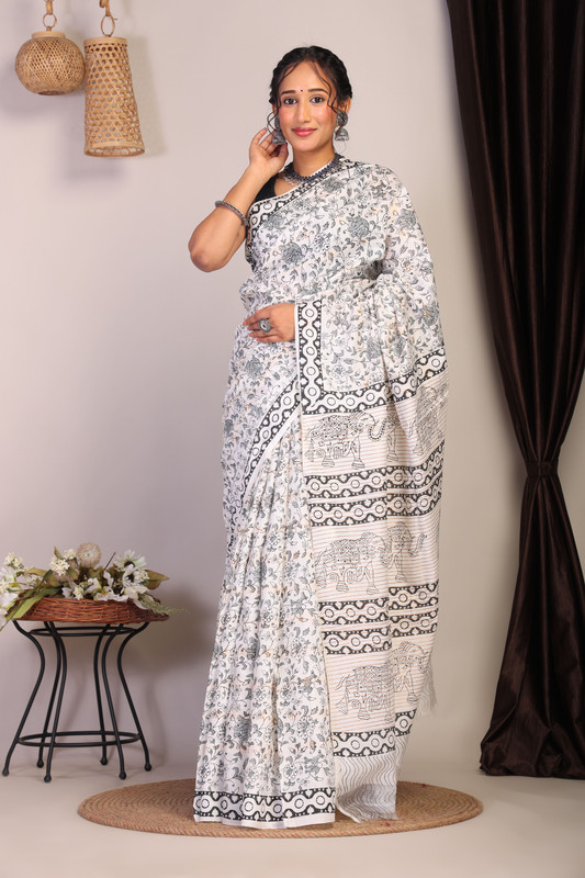 Bhagalpuri Cotton Viscose White Hand Block Ethnic Saree With Blouse